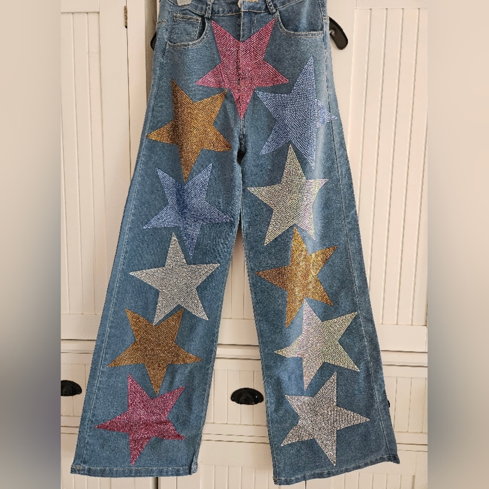Blue Star-Embellished Rhinestone Wide Leg Women’s Jeans